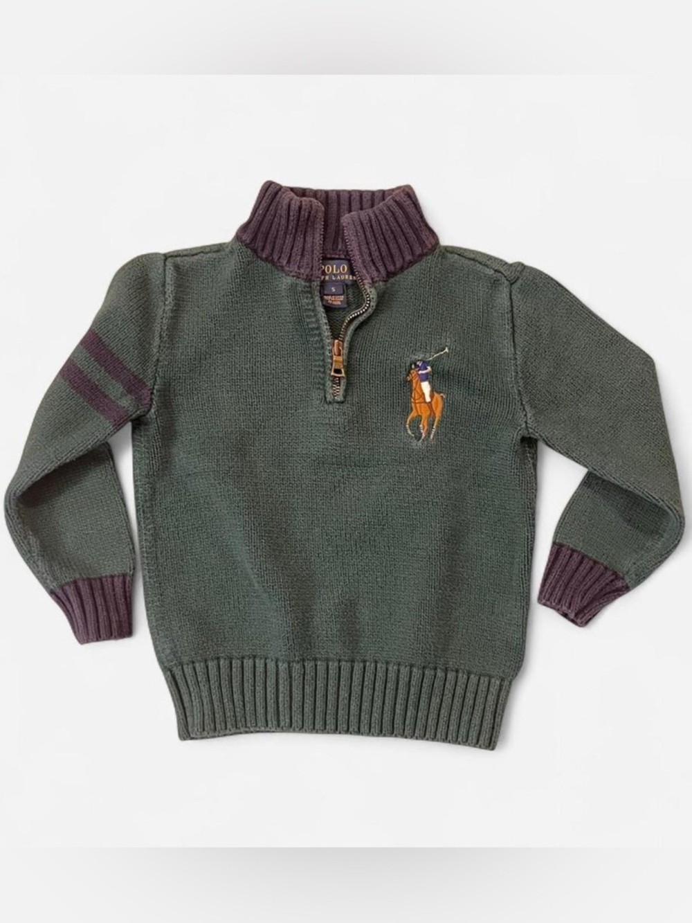 Polo by Ralph Lauren Green Half-Zip Sweater with Navy Trim